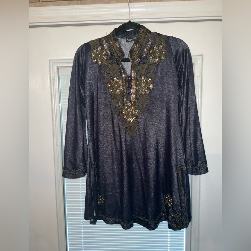Elegant Dark Blue Embellished Women's Top